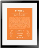 Phoebe custom name print for wall display in orange with black matte frame