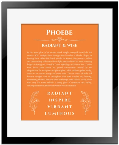 Phoebe custom name print for wall display in orange with black matte frame