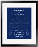 Phoenix personalized wall art with the story of your name in deep blue with black matte frame