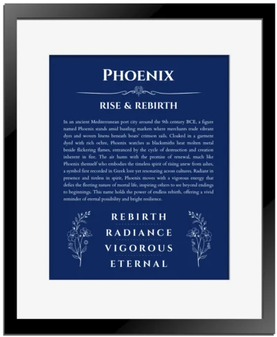 Phoenix personalized wall art with the story of your name in deep blue with black matte frame