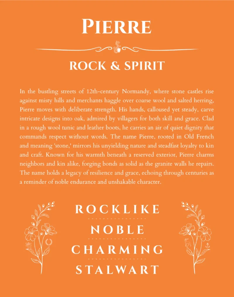 Pierre name origin print with meaning and traits in orange