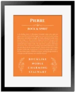 Pierre name origin print with meaning and traits in orange with black matte frame