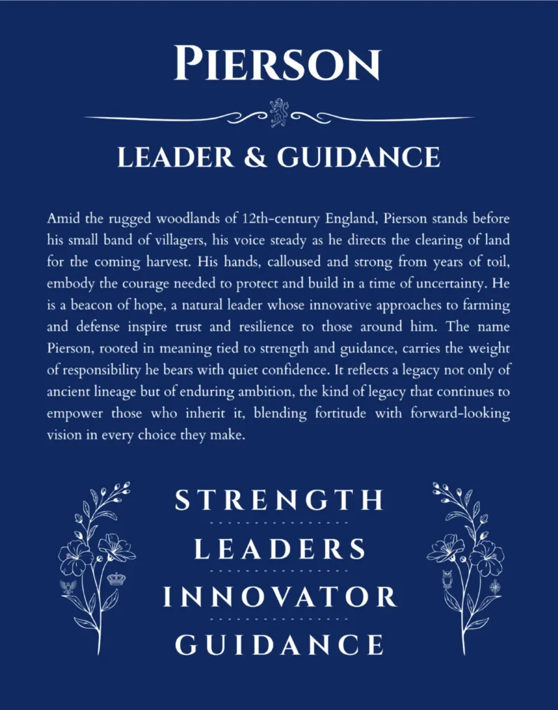 Pierson personalized name print with origin and traits in deep blue