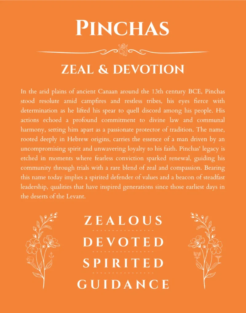 Pinchas name origin print with meaning and traits in orange