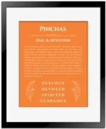Pinchas name origin print with meaning and traits in orange with black matte frame