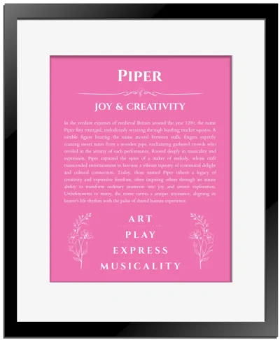 Piper name meaning wall art by Get Your Story in pink with black matte frame