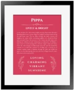 Pippa personalized wall art with the story of your name in red with black matte frame