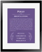 Polly custom name print for wall display in purple with black matte frame