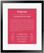 Porter personalized name art with origin story in red with black matte frame