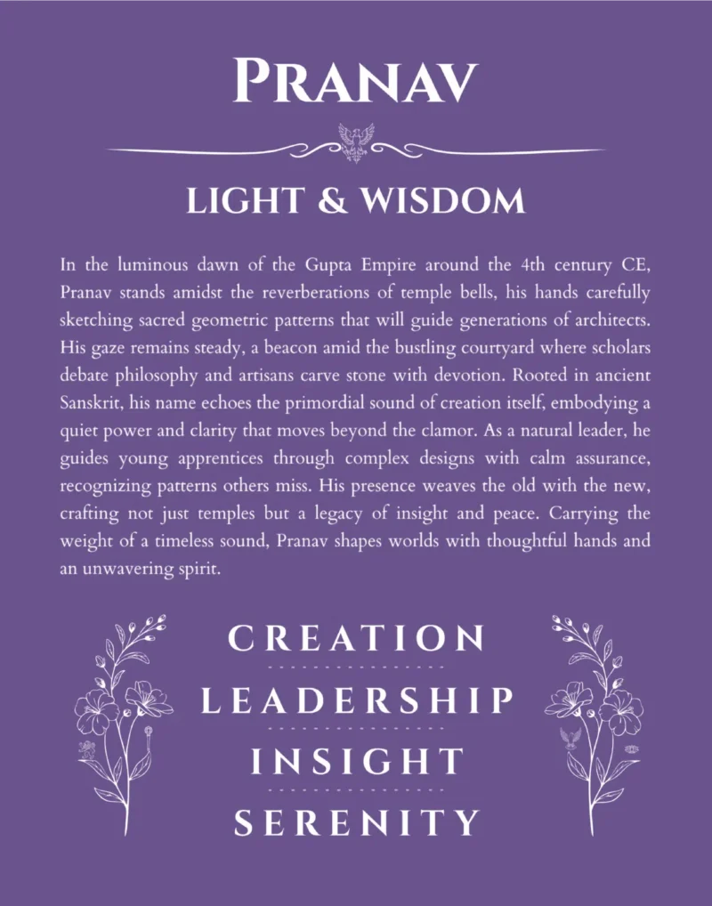 Pranav personalized name art with origin story in purple