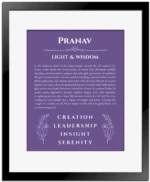 Pranav personalized name art with origin story in purple with black matte frame