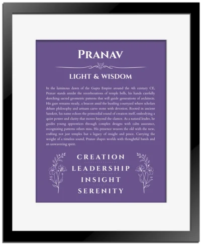 Pranav personalized name art with origin story in purple with black matte frame