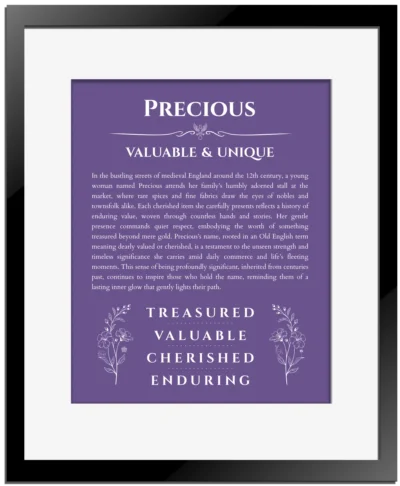 Precious name meaning wall art by Get Your Story in purple with black matte frame