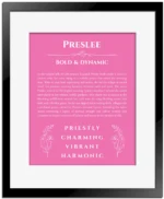 Preslee custom name print for wall display in pink with black matte frame