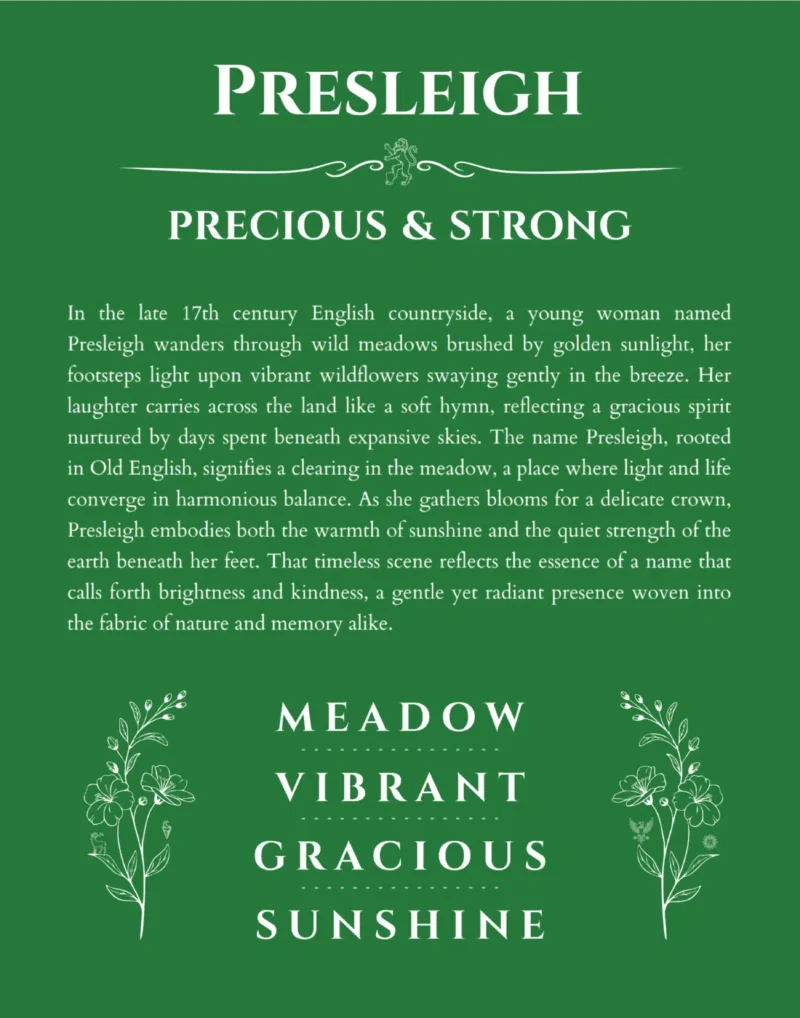 Presleigh personalized name print with origin and traits in dark green