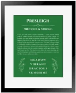 Presleigh personalized name print with origin and traits in dark green with black matte frame