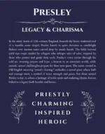 Presley custom name art showing meaning and origin in navy blue