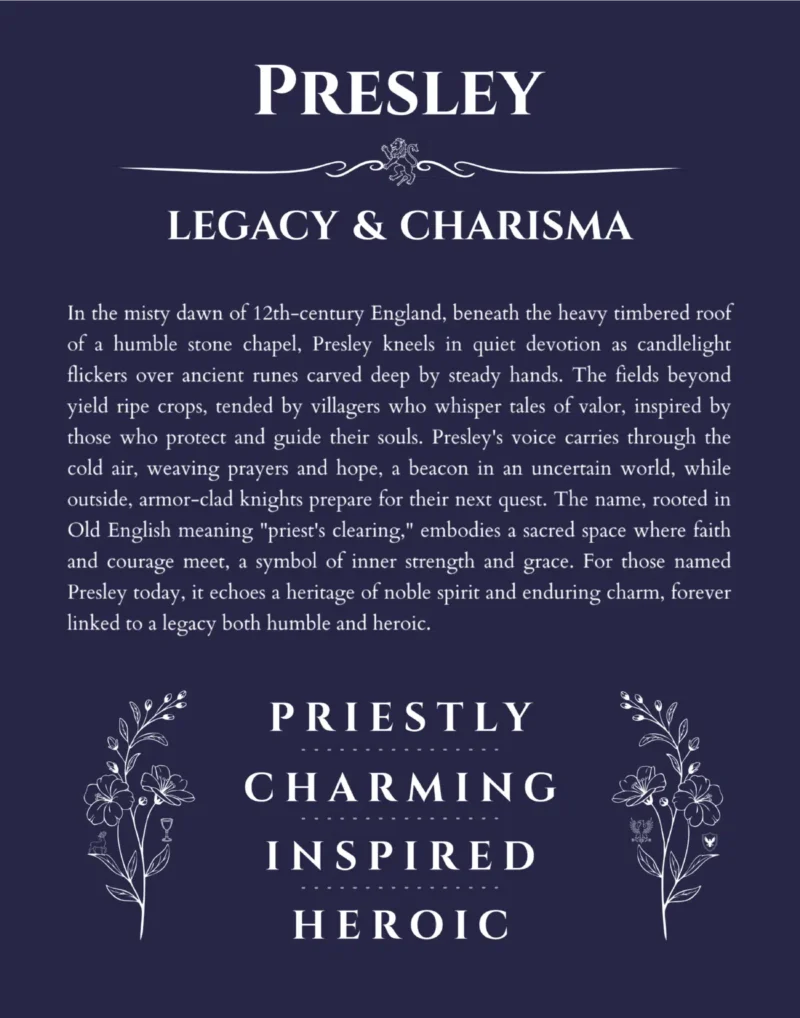 Presley custom name art showing meaning and origin in navy blue