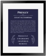Presley custom name art showing meaning and origin in navy blue with black matte frame