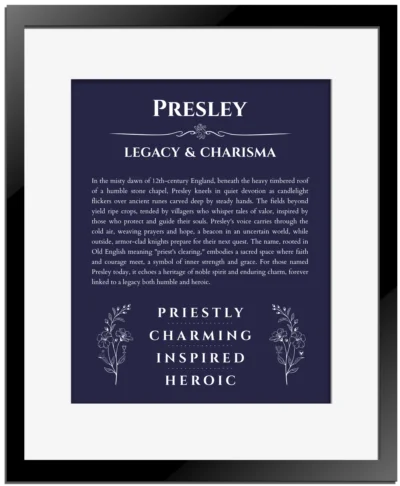Presley custom name art showing meaning and origin in navy blue with black matte frame