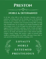 Preston custom name art showing meaning and origin in dark green
