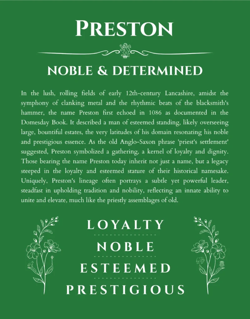 Preston custom name art showing meaning and origin in dark green