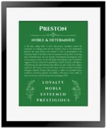 Preston custom name art showing meaning and origin in dark green with black matte frame