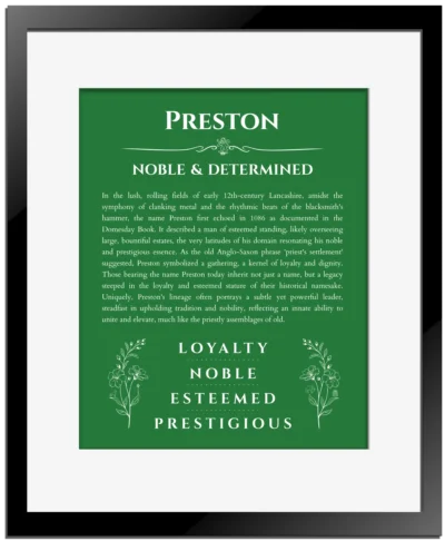 Preston custom name art showing meaning and origin in dark green with black matte frame