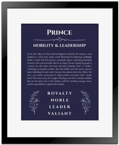 Prince custom name art showing meaning and origin in navy blue with black matte frame