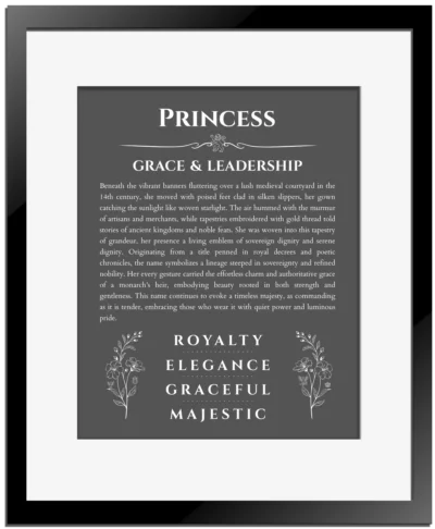Princess name origin print with meaning and traits in gray with black matte frame