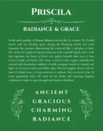 Priscila personalized name print with origin and traits in dark green
