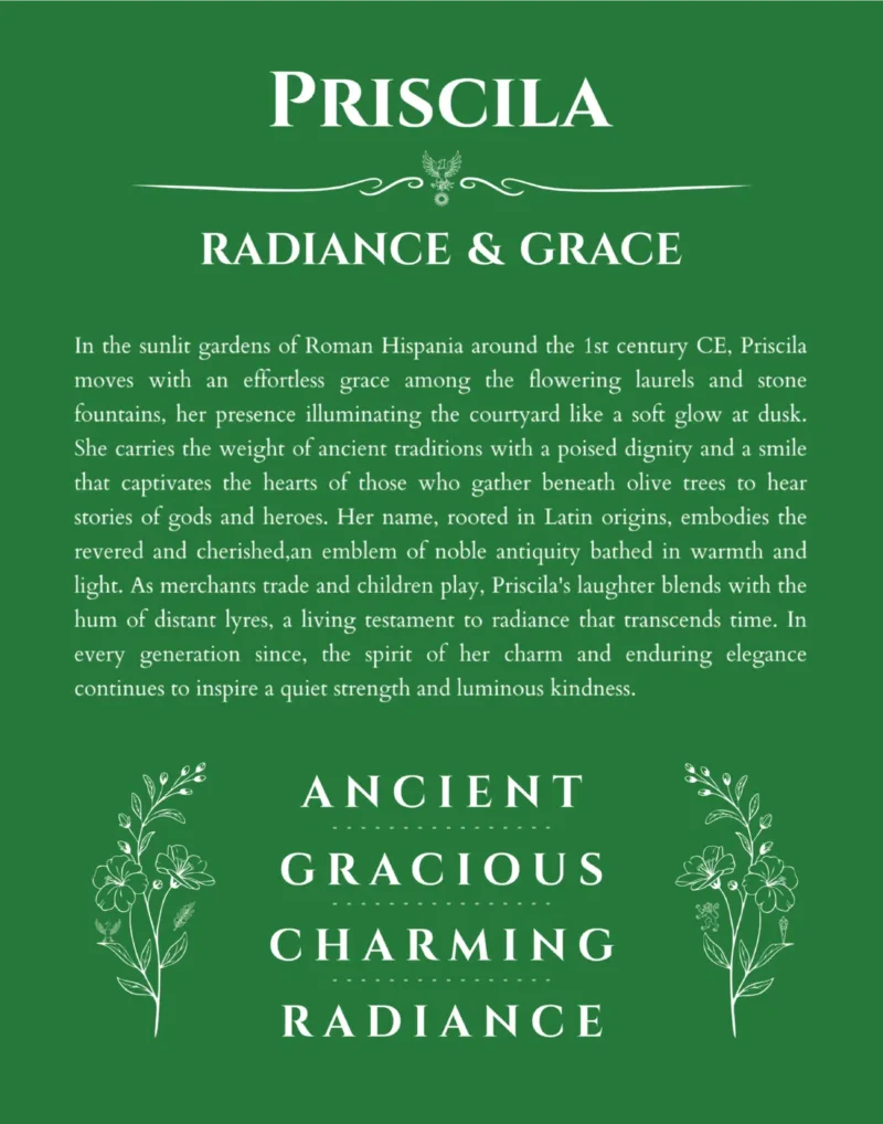 Priscila personalized name print with origin and traits in dark green