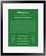 Priscila personalized name print with origin and traits in dark green with black matte frame