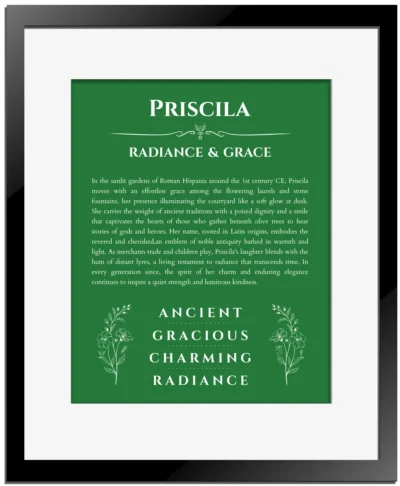 Priscila personalized name print with origin and traits in dark green with black matte frame