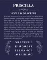 Priscilla personalized name print with origin and traits in navy blue