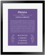 Prisha custom name print for wall display in purple with black matte frame