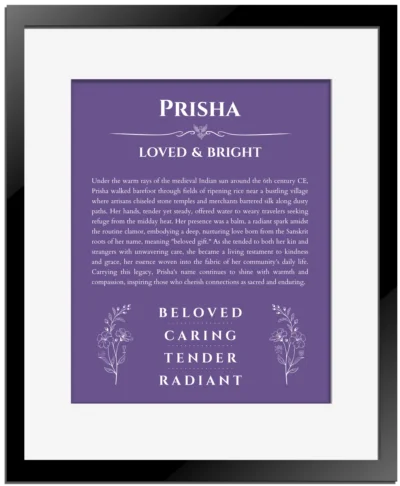Prisha custom name print for wall display in purple with black matte frame