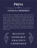 Priya personalized name art with origin story in navy blue