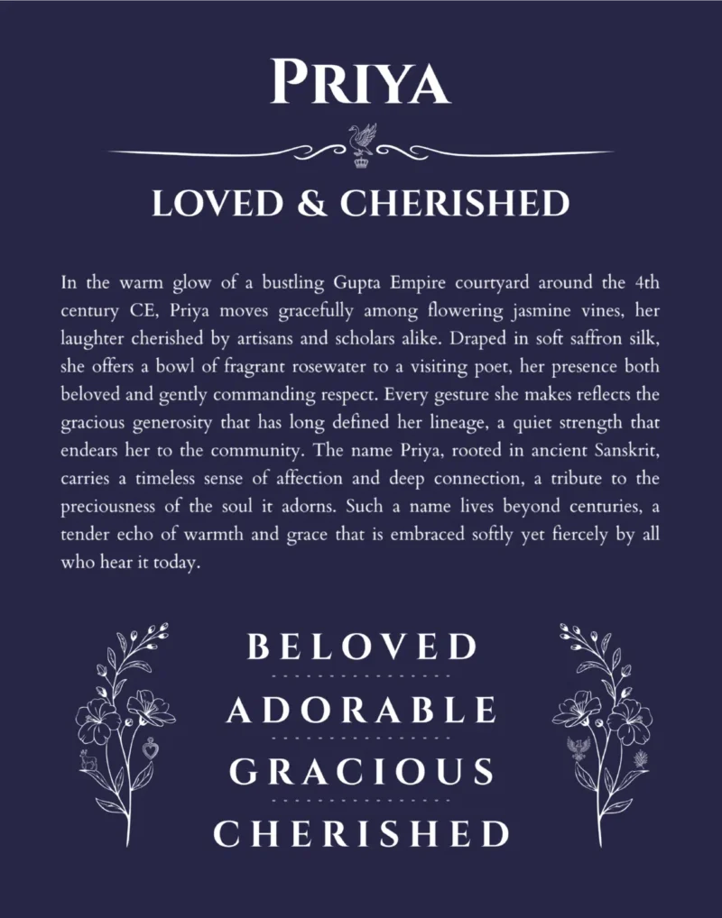 Priya personalized name art with origin story in navy blue