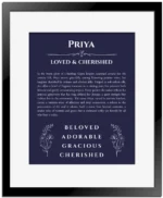 Priya personalized name art with origin story in navy blue with black matte frame