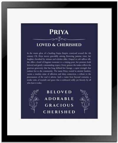 Priya personalized name art with origin story in navy blue with black matte frame