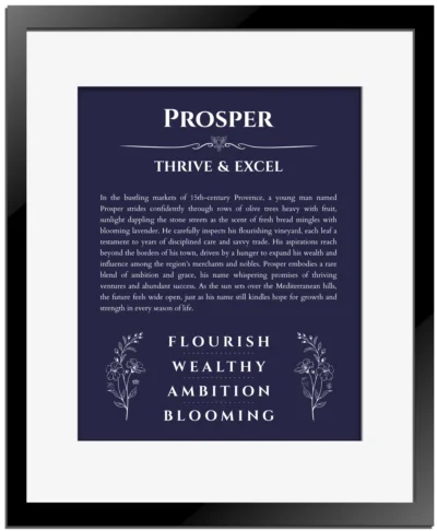 Prosper custom name print for wall display in navy blue with black matte frame