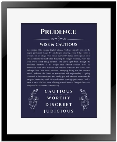 Prudence custom name print for wall display in navy blue with black matte frame