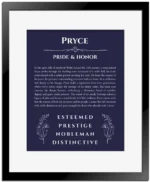 Pryce custom name art showing meaning and origin in navy blue with black matte frame