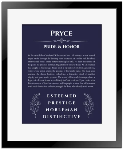Pryce custom name art showing meaning and origin in navy blue with black matte frame
