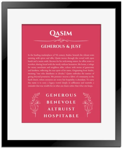Qasim personalized name meaning print in red with black matte frame