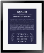Quadir custom name art showing meaning and origin in navy blue with black matte frame