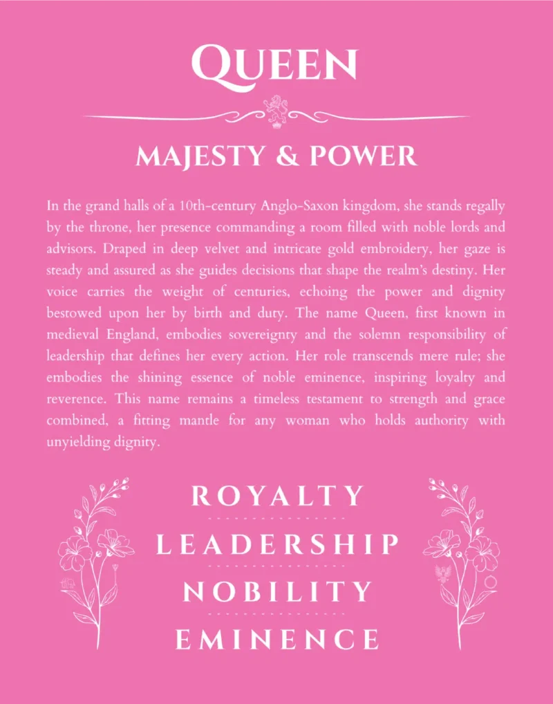 Queen personalized name art with origin story in pink