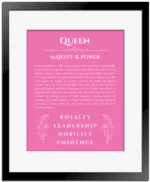 Queen personalized name art with origin story in pink with black matte frame