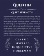 Quentin personalized name print with origin and traits in navy blue